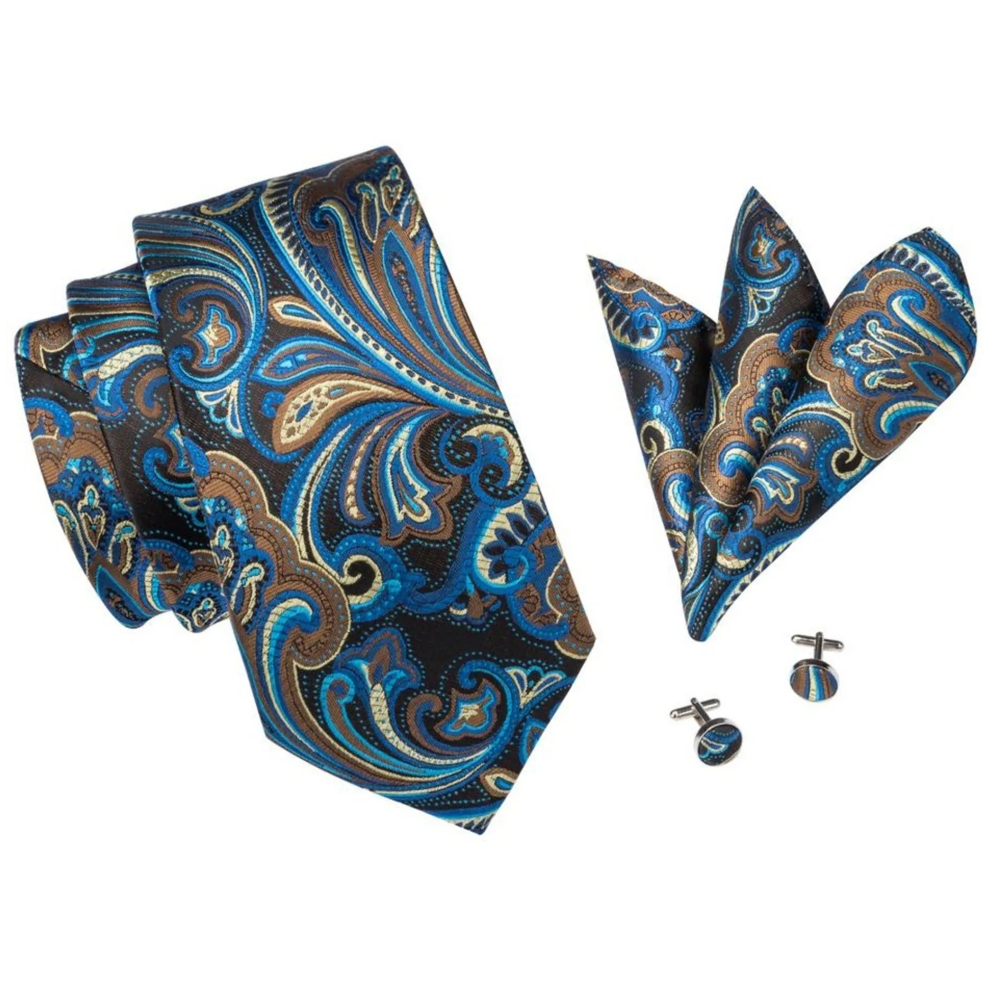 Men's Blue And Brown Paisley 100% Silk Neck Tie With Matching Hanky And Cufflinks Set