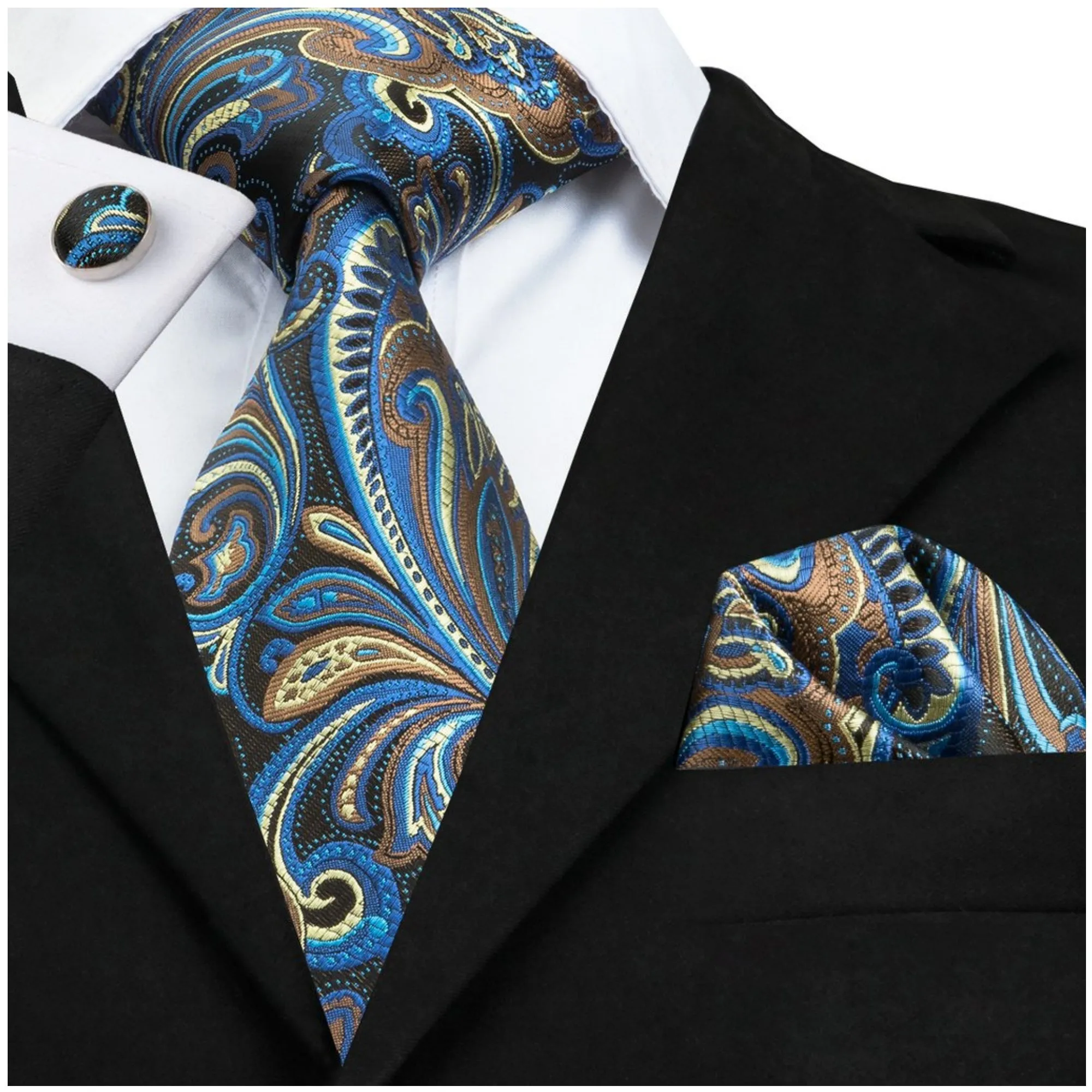 Men's Blue And Brown Paisley 100% Silk Neck Tie With Matching Hanky And Cufflinks Set