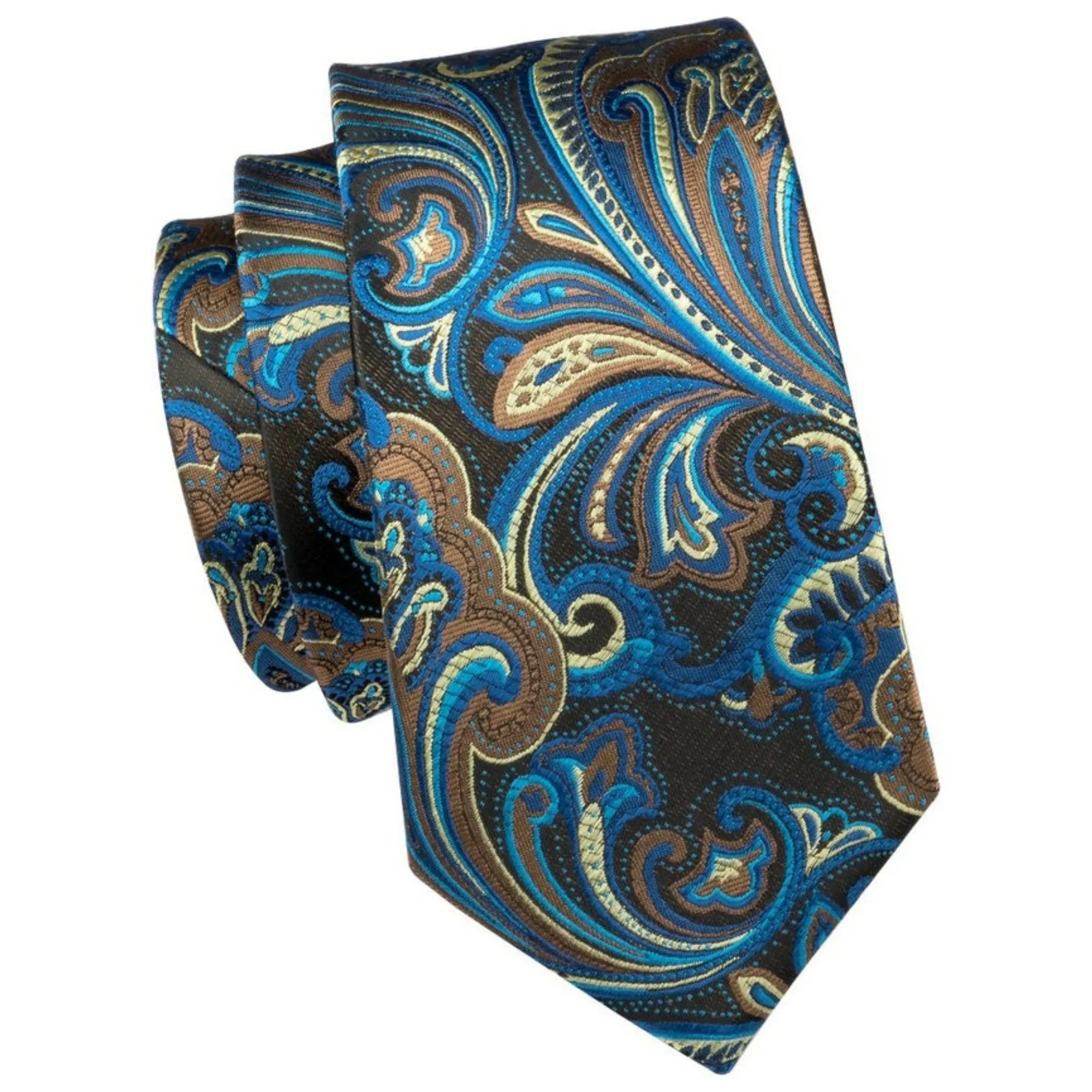 Men's Blue And Brown Paisley 100% Silk Neck Tie With Matching Hanky And Cufflinks Set