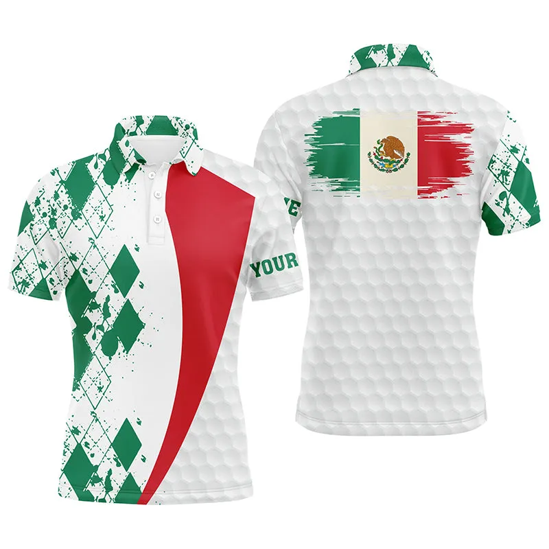 Mens Golf Polos Shirts Custom Mexico Flag Green Argyle Pattern White Golf Ball Men's Golf Shirts
