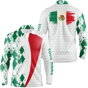 Mens Golf Polos Shirts Custom Mexico Flag Green Argyle Pattern White Golf Ball Men's Golf Shirts