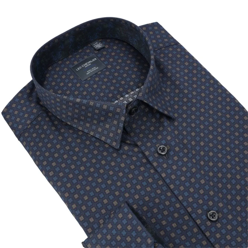 Navy Modern Print Regular Fit Long Sleeve Sport Shirt
