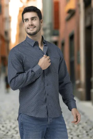 Navy Modern Print Regular Fit Long Sleeve Sport Shirt