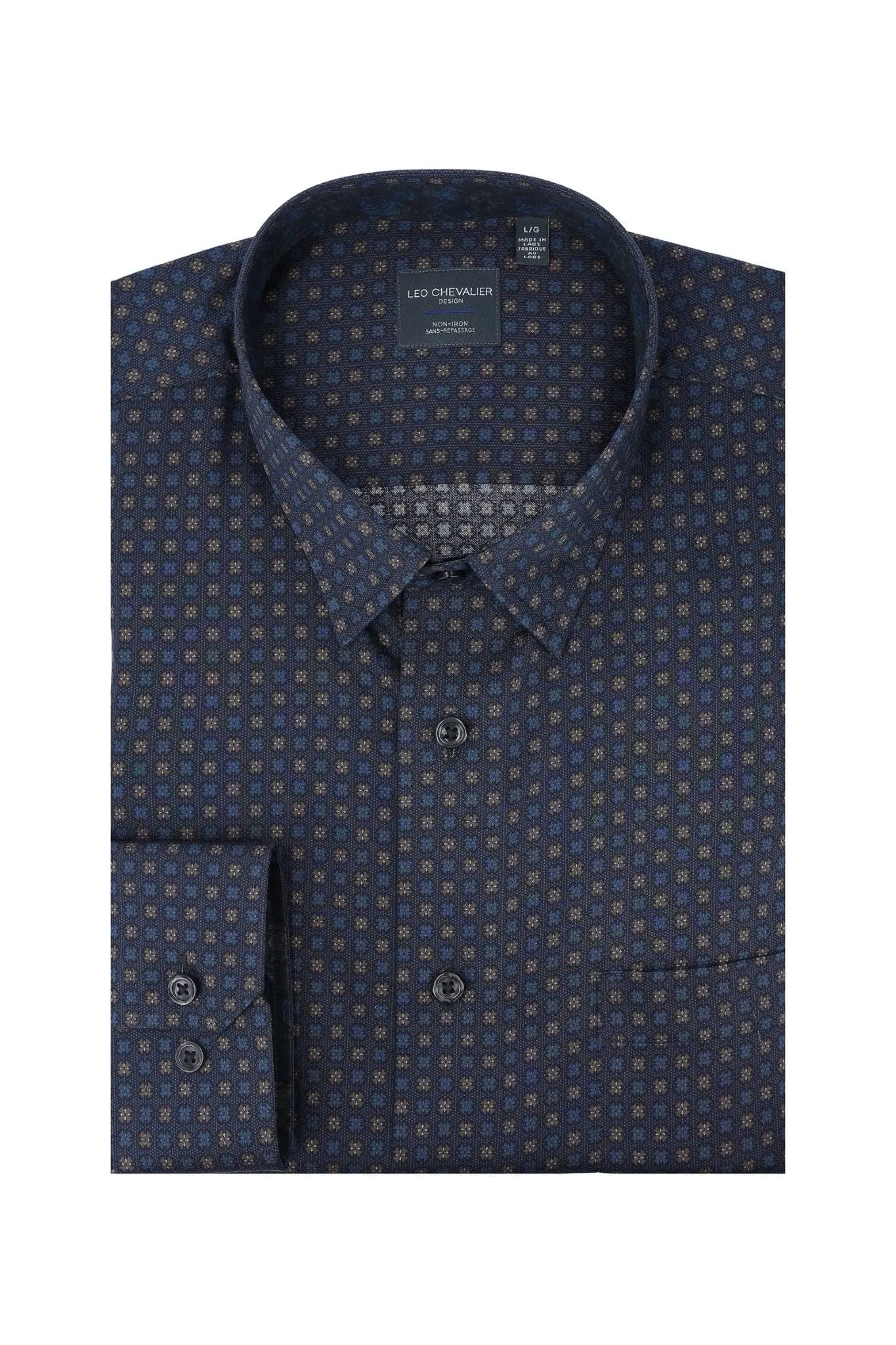 Navy Modern Print Regular Fit Long Sleeve Sport Shirt