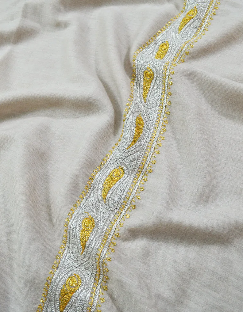 Off-White and Golden Embroidery Pashmina Shawl 7300