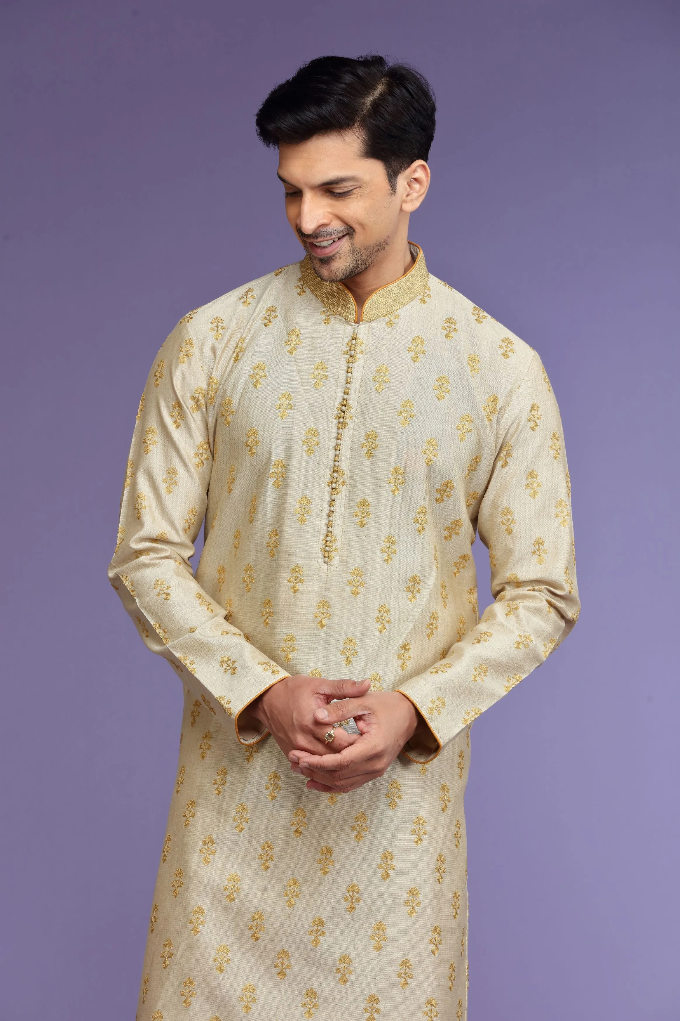 Off-White Printed Silk Kurta Set  Designed by Kora (Nilesh Mitesh)