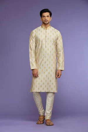 Off-White Printed Silk Kurta Set  Designed by Kora (Nilesh Mitesh)