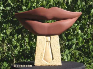 On HOLD ~ Lip Service Big Mouth Tie Business Pun Mixed Stone Sculpture
