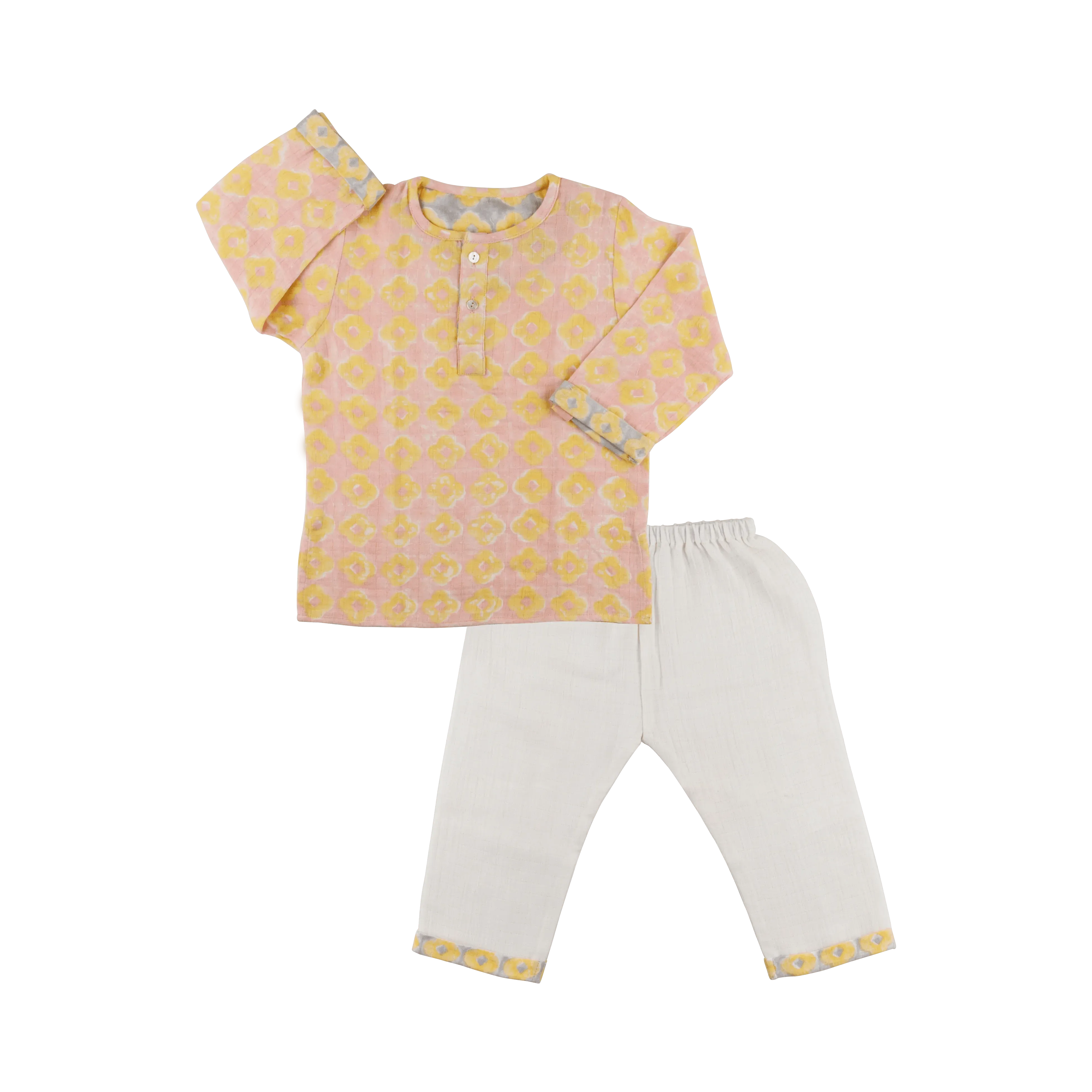 Organic Muslin Kurta Pyjama Set | Hand-Block Printed - Lucky Clover Pink