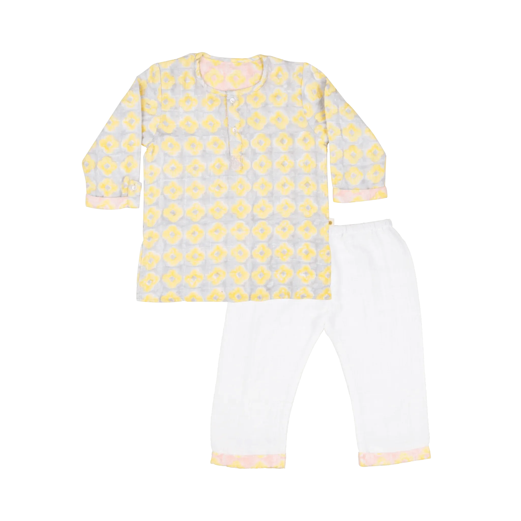 Organic Muslin Kurta Pyjama Set | Hand-Block Printed - Lucky Clover Pink
