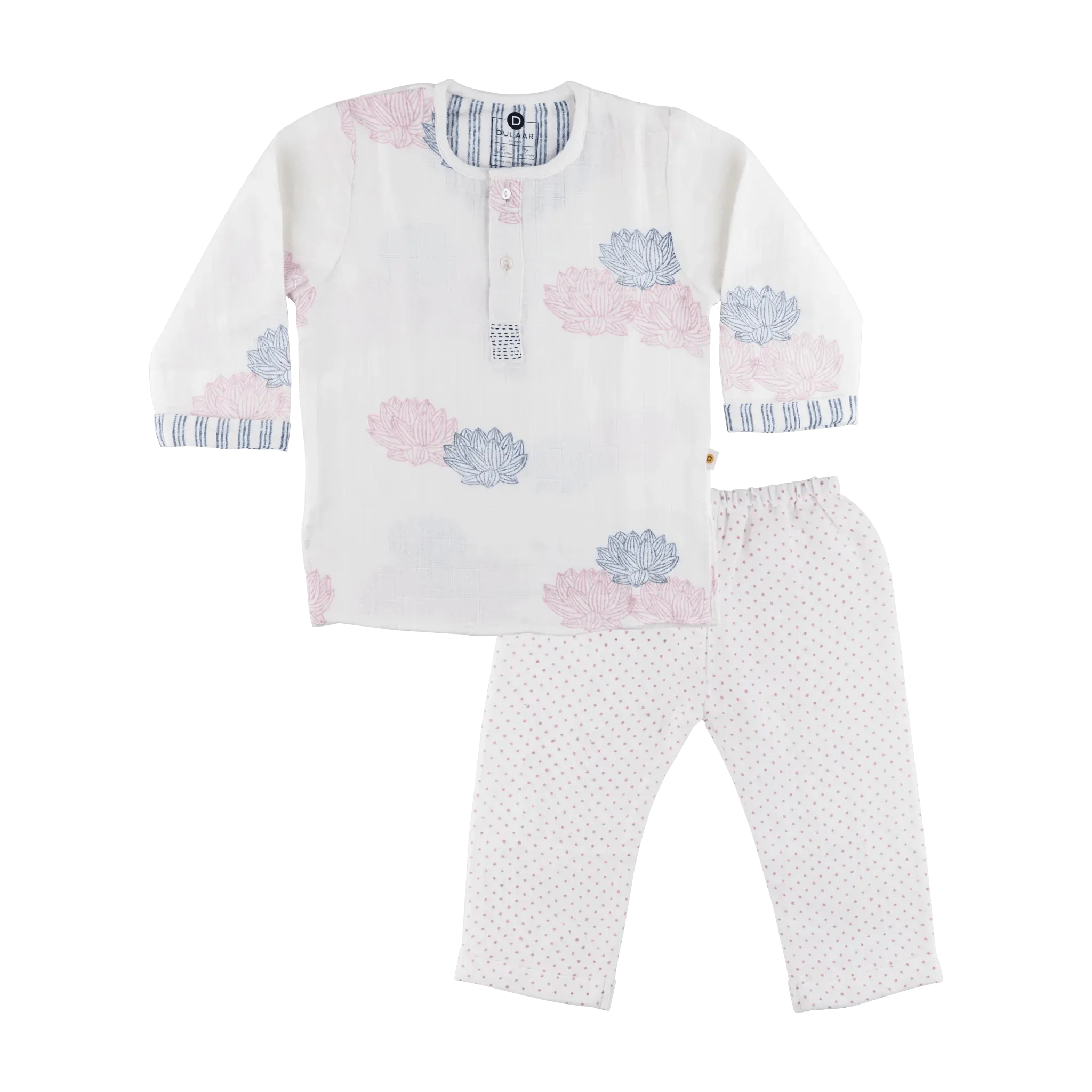 Organic Muslin Kurta Pyjama Set | Hand-Block Printed - Lucky Clover Pink