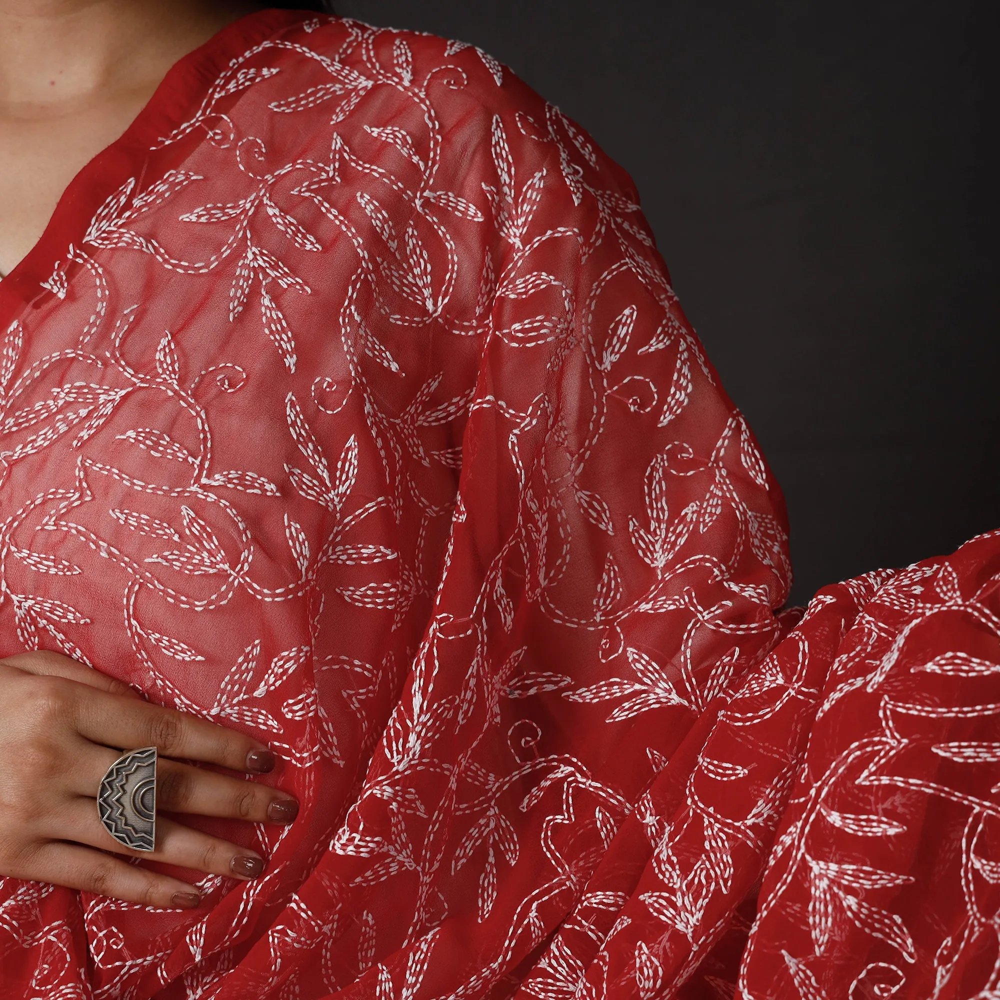 Red - Lucknow Chikankari Tepchi Embroidery Georgette Dupatta
