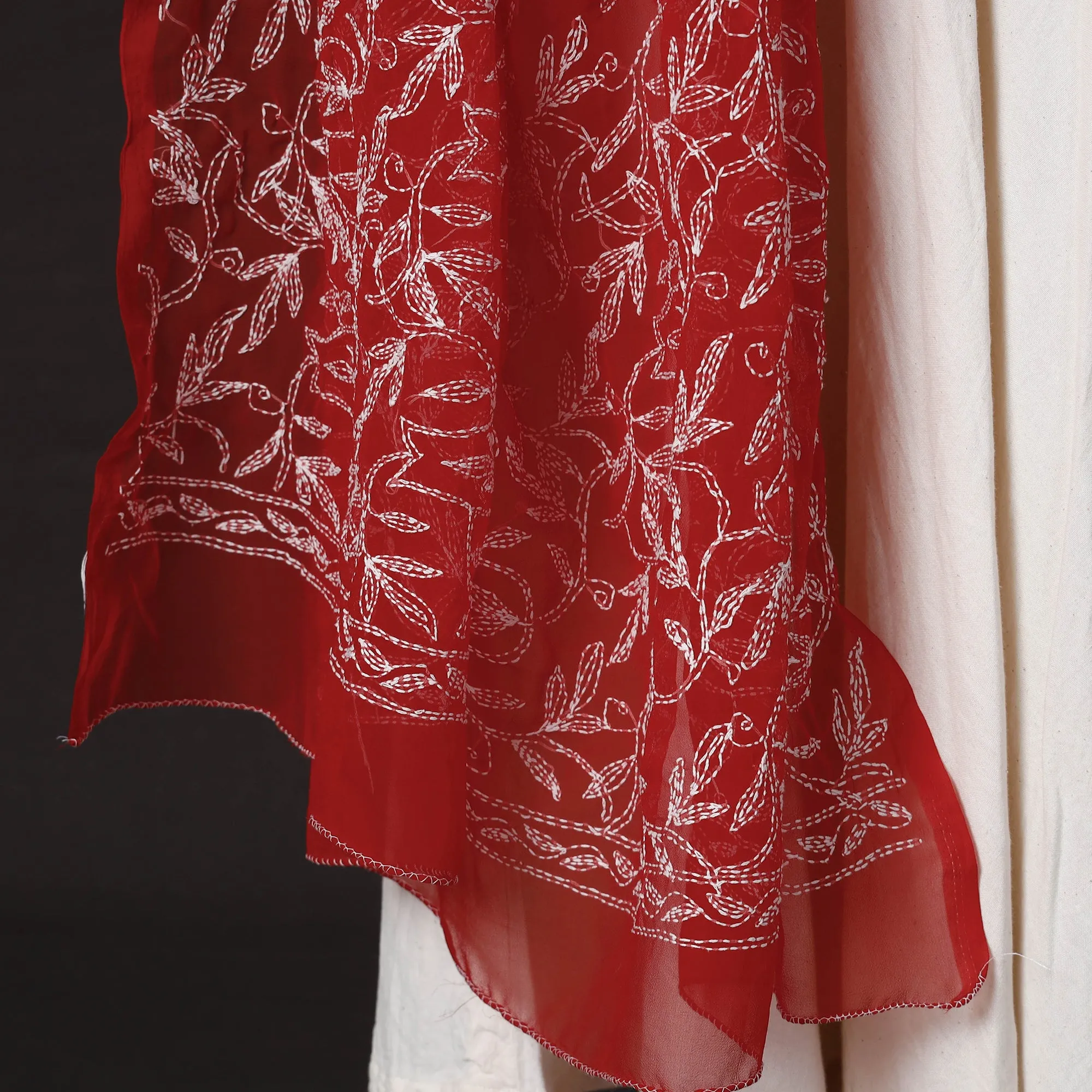 Red - Lucknow Chikankari Tepchi Embroidery Georgette Dupatta