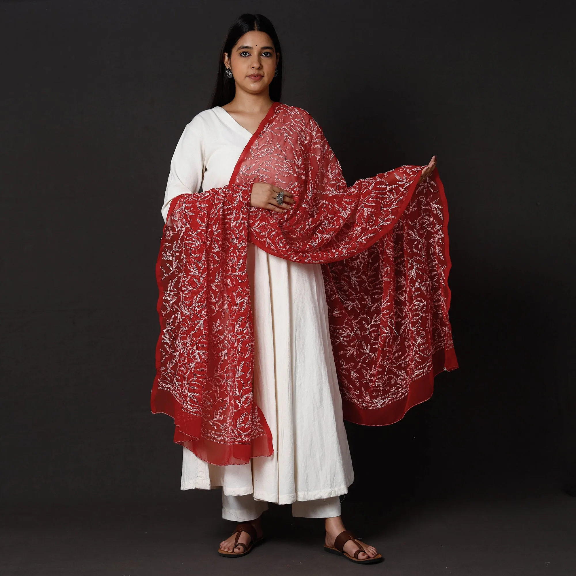 Red - Lucknow Chikankari Tepchi Embroidery Georgette Dupatta