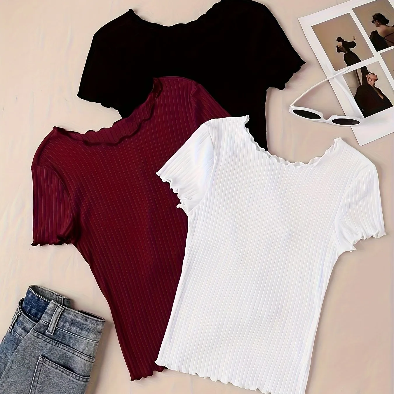 Ribbed Lettuce Trim TShirts 3 Packs for Spring  Summer