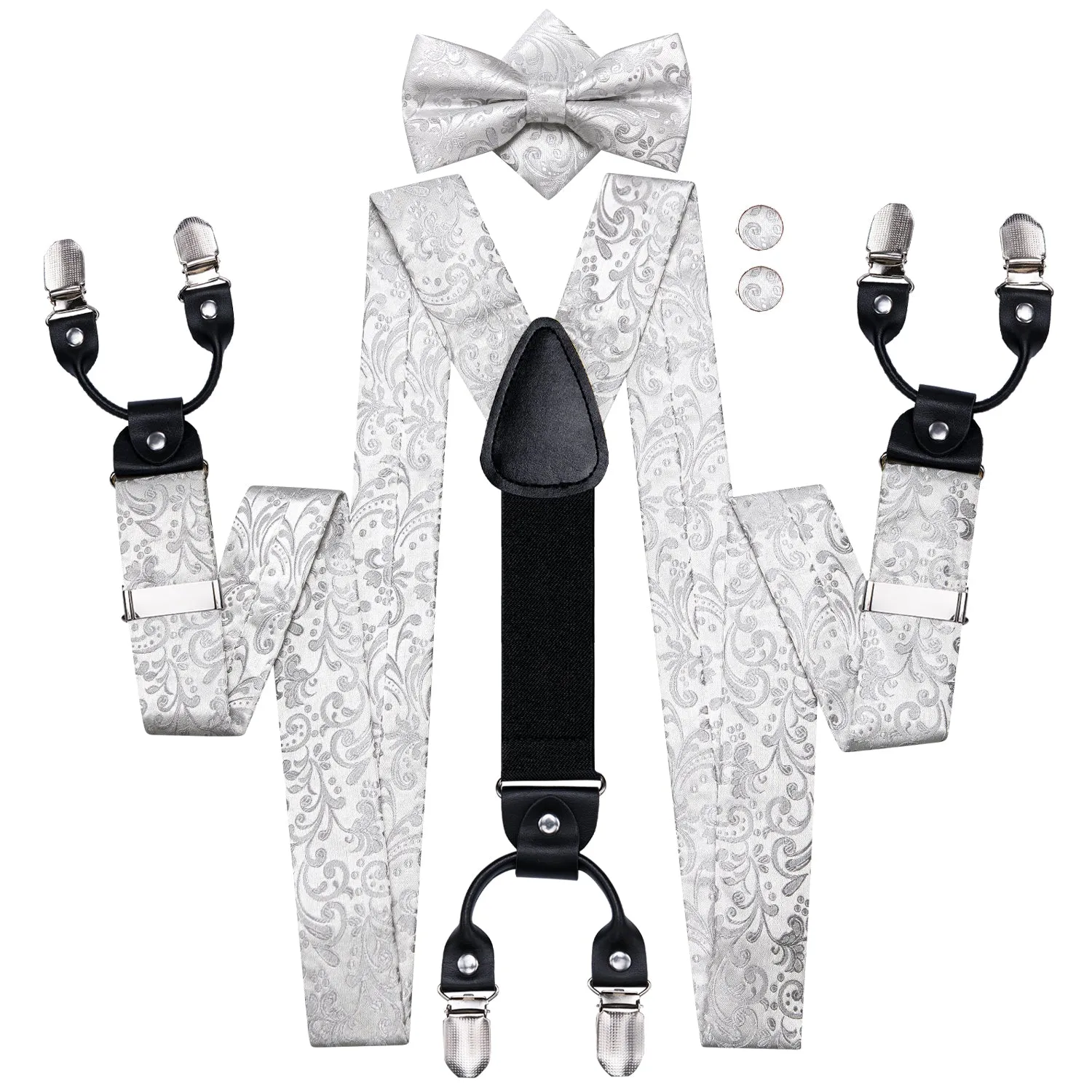 Silver Paisley and Floral Men's Suspender Bowtie Pocket Square Cufflinks Set