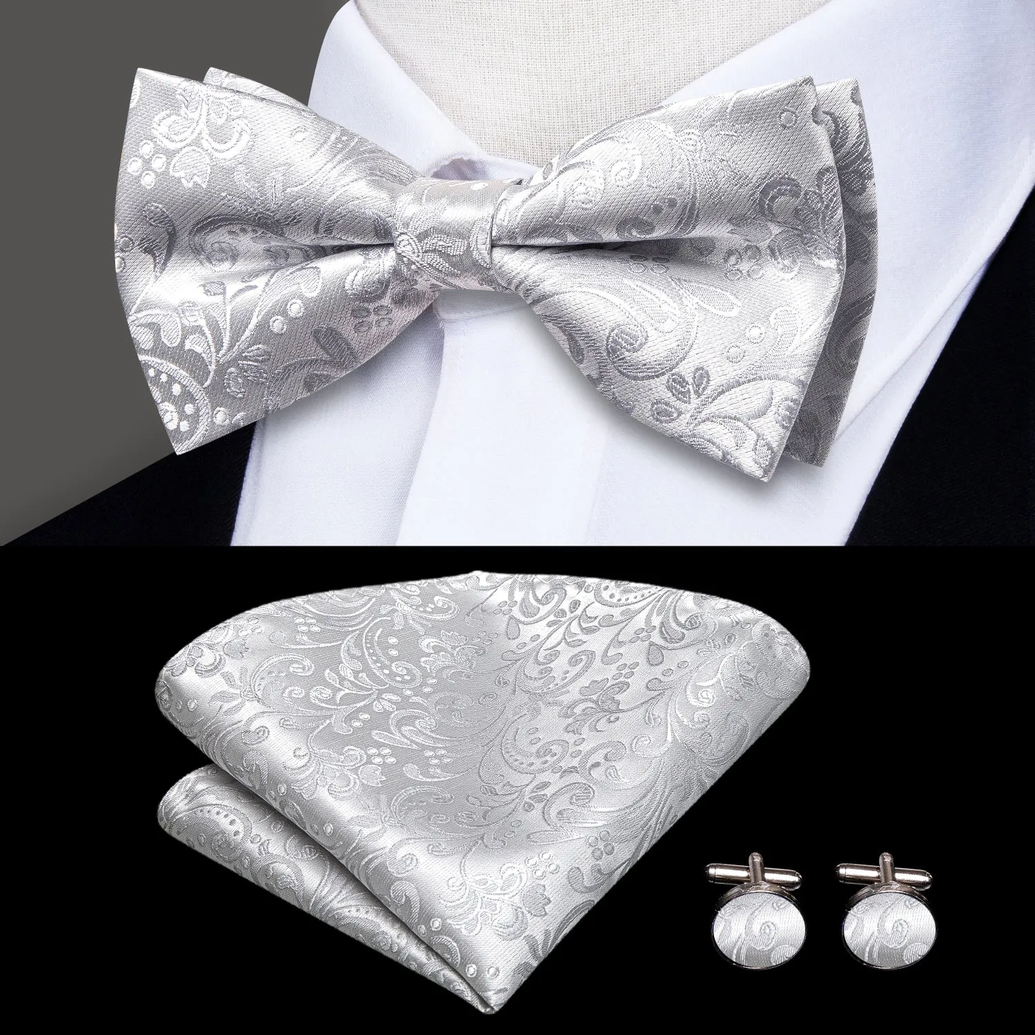 Silver Paisley and Floral Men's Suspender Bowtie Pocket Square Cufflinks Set
