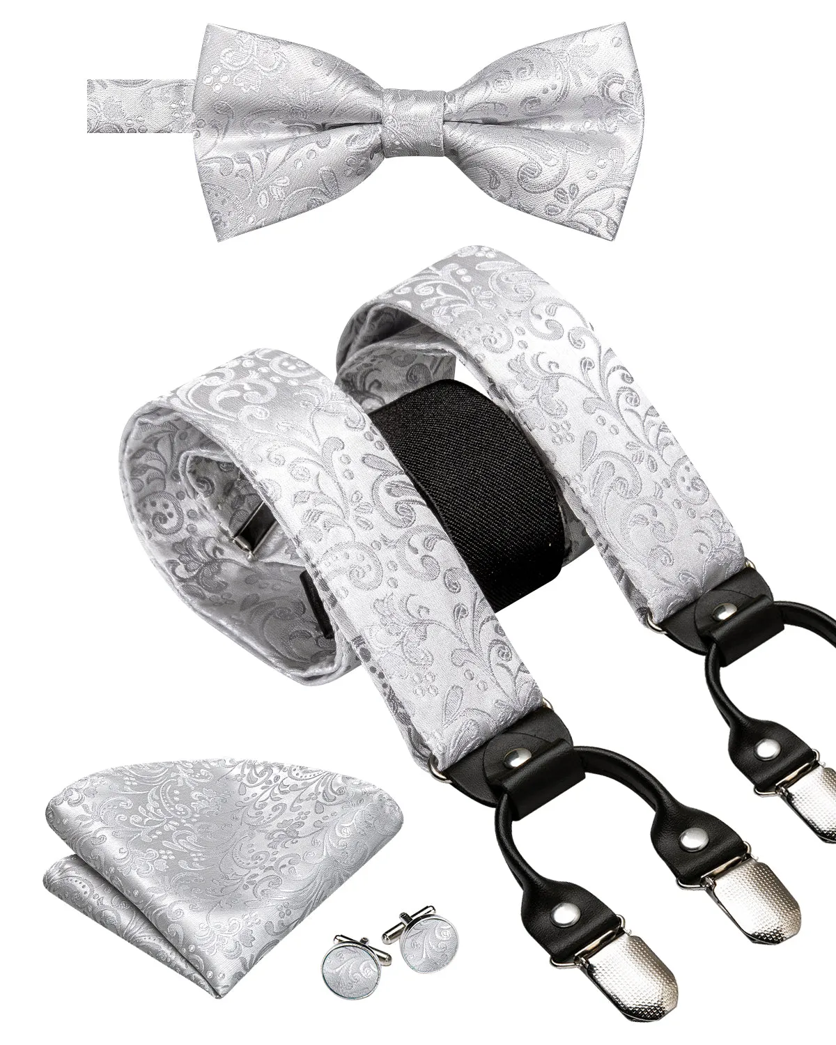 Silver Paisley and Floral Men's Suspender Bowtie Pocket Square Cufflinks Set