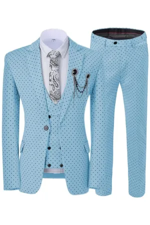 Sky Blue Notched Lapel Black Dot Three Pieces Prom Suits Slim Fit