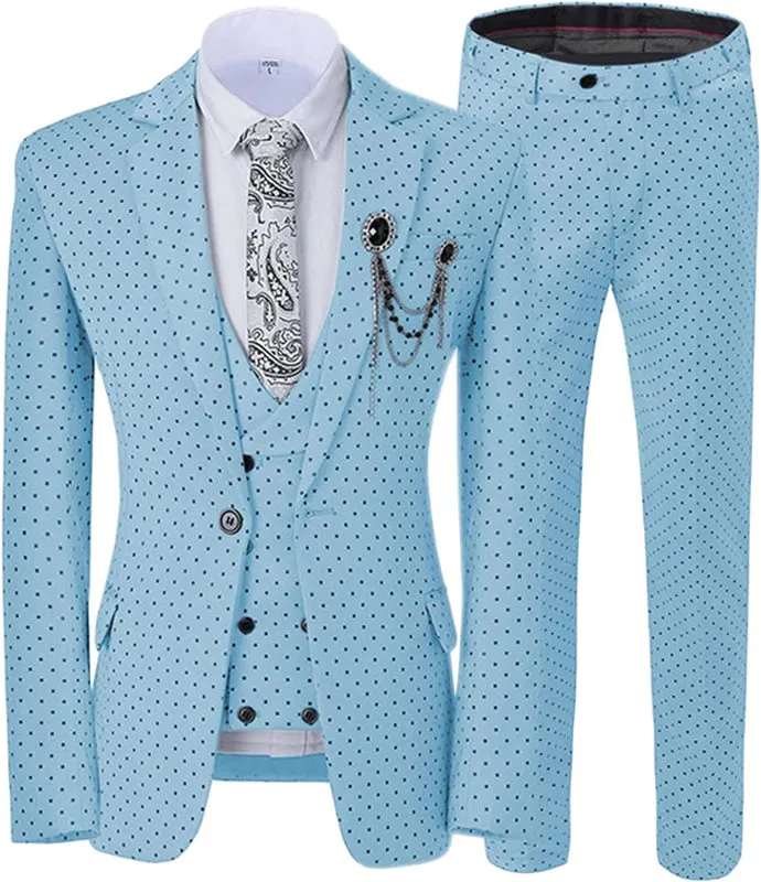 Sky Blue Notched Lapel Black Dot Three Pieces Prom Suits Slim Fit