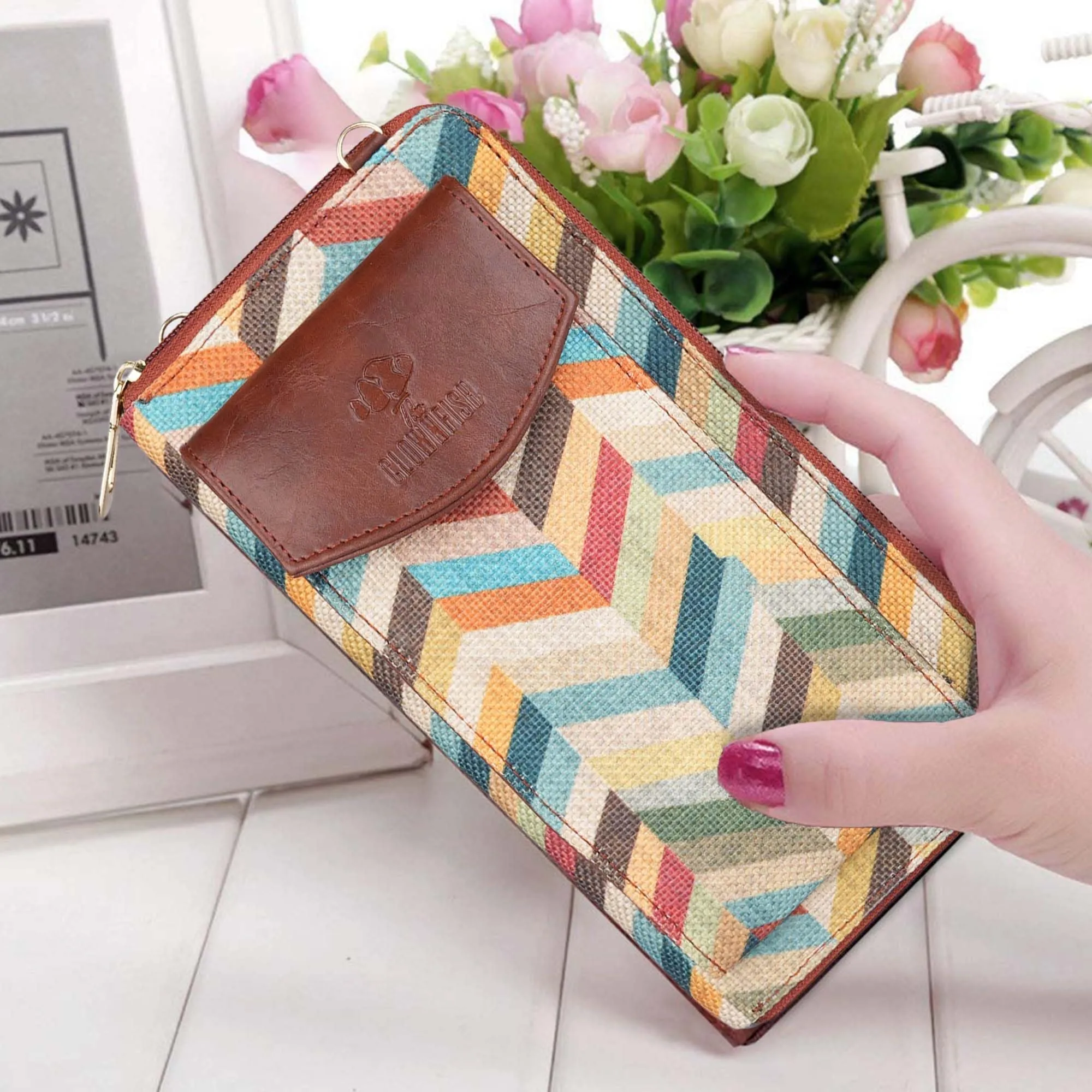 THE CLOWNFISH Fashionista Printed Handicraft Fabric & Vegan Leather Ladies Wallet Sling Bag with Front Mobile Pocket (Multicolour-Wave Design)