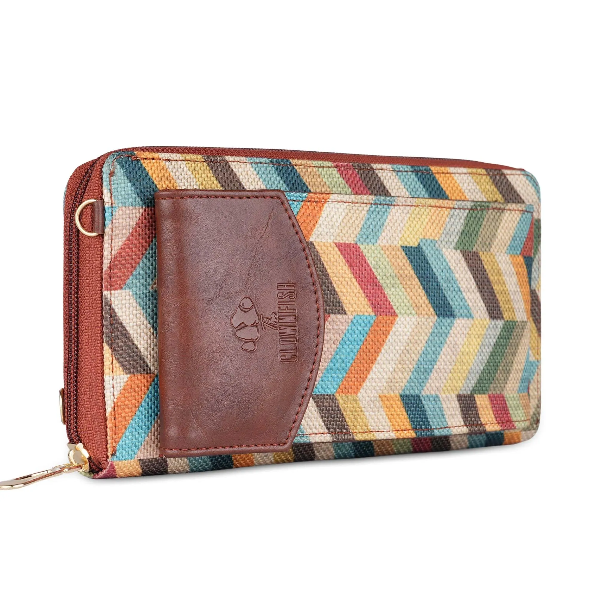 THE CLOWNFISH Fashionista Printed Handicraft Fabric & Vegan Leather Ladies Wallet Sling Bag with Front Mobile Pocket (Multicolour-Wave Design)