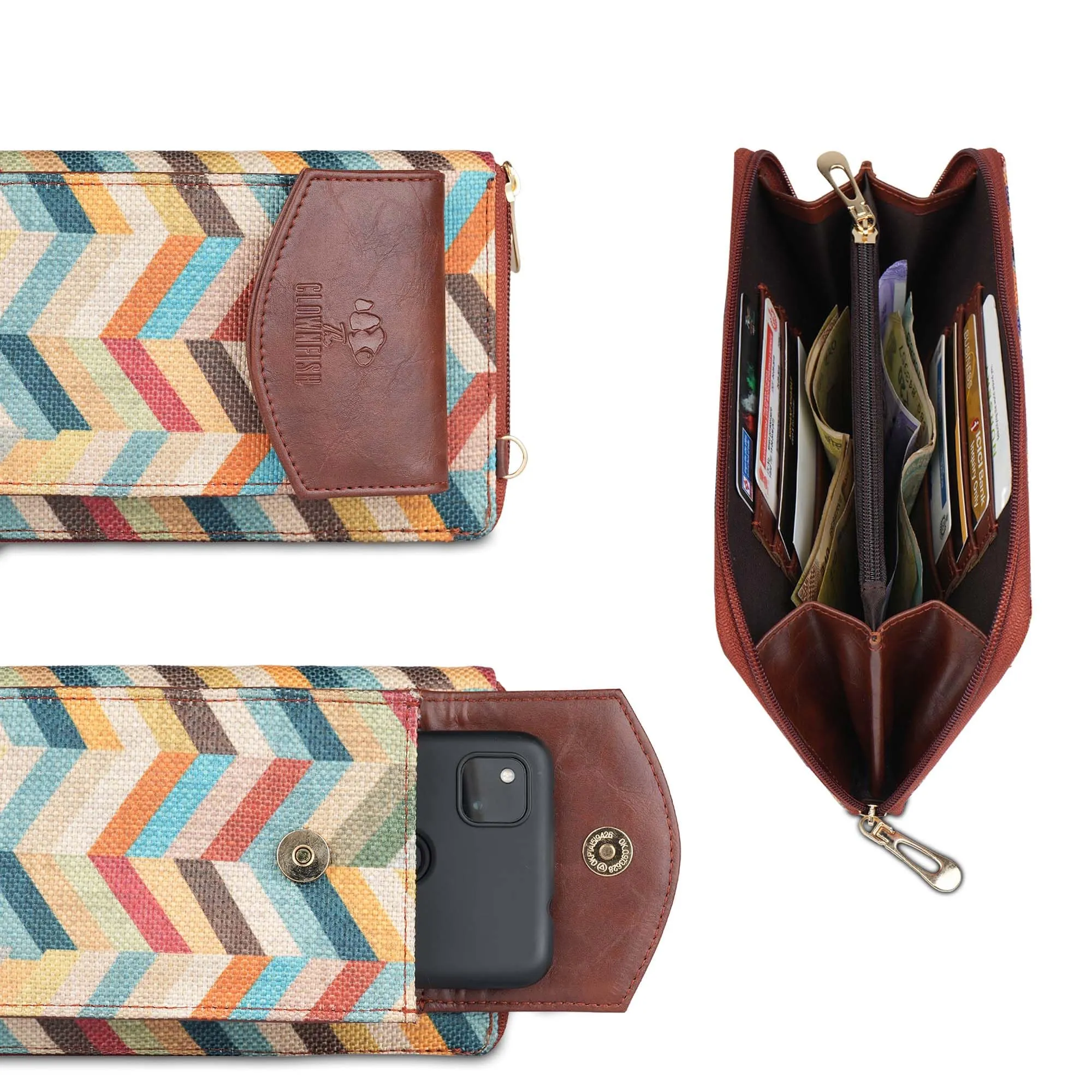 THE CLOWNFISH Fashionista Printed Handicraft Fabric & Vegan Leather Ladies Wallet Sling Bag with Front Mobile Pocket (Multicolour-Wave Design)