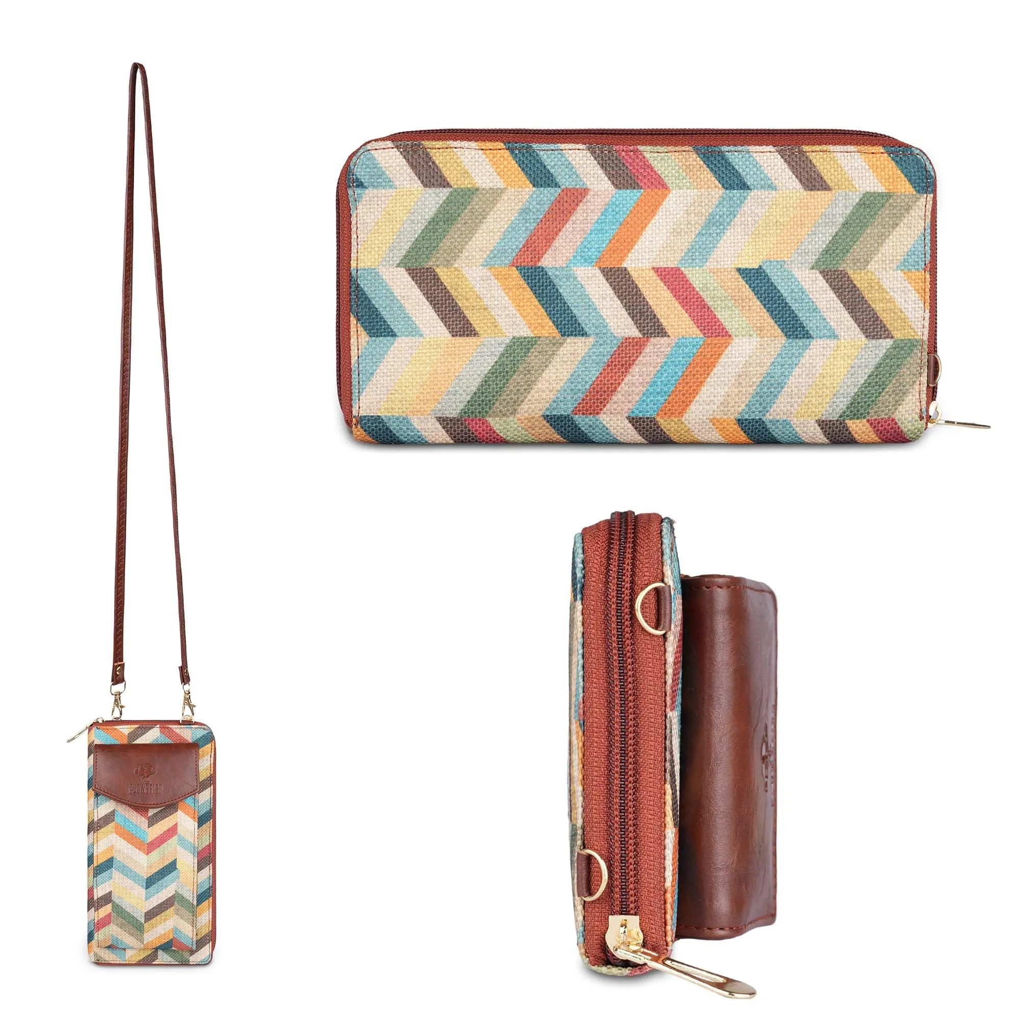 THE CLOWNFISH Fashionista Printed Handicraft Fabric & Vegan Leather Ladies Wallet Sling Bag with Front Mobile Pocket (Multicolour-Wave Design)