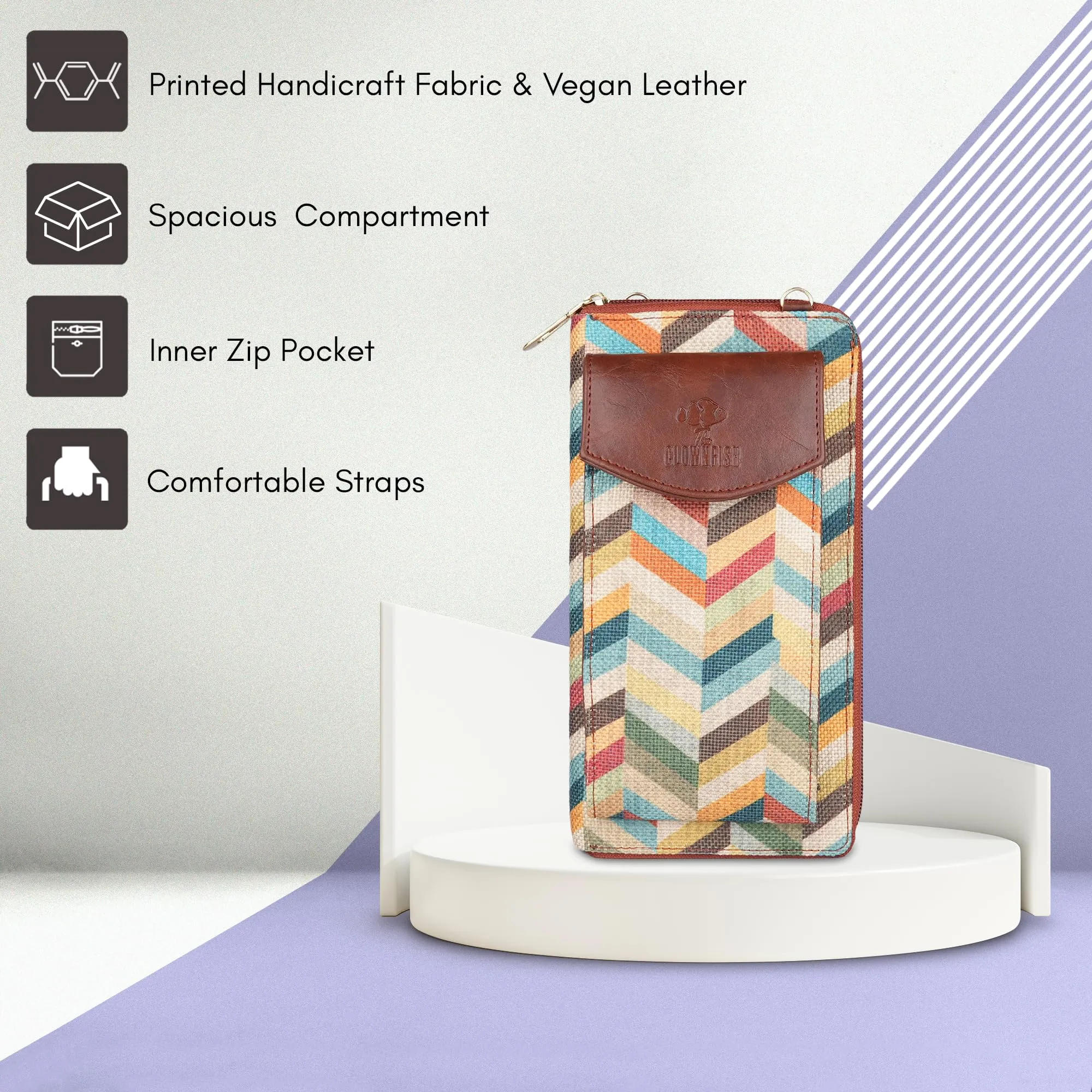 THE CLOWNFISH Fashionista Printed Handicraft Fabric & Vegan Leather Ladies Wallet Sling Bag with Front Mobile Pocket (Multicolour-Wave Design)
