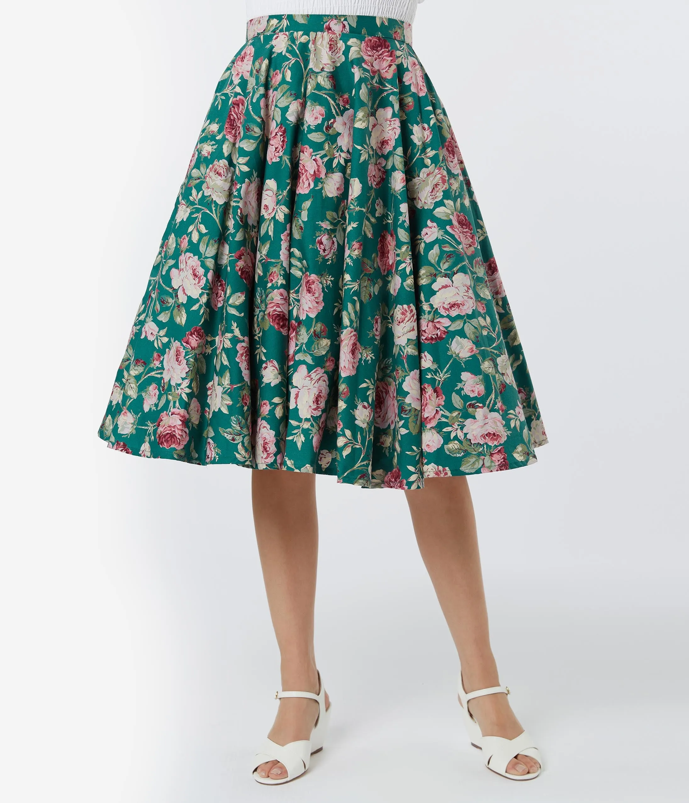 Vintage Style Green & Pink Floral Print Swing Skirt