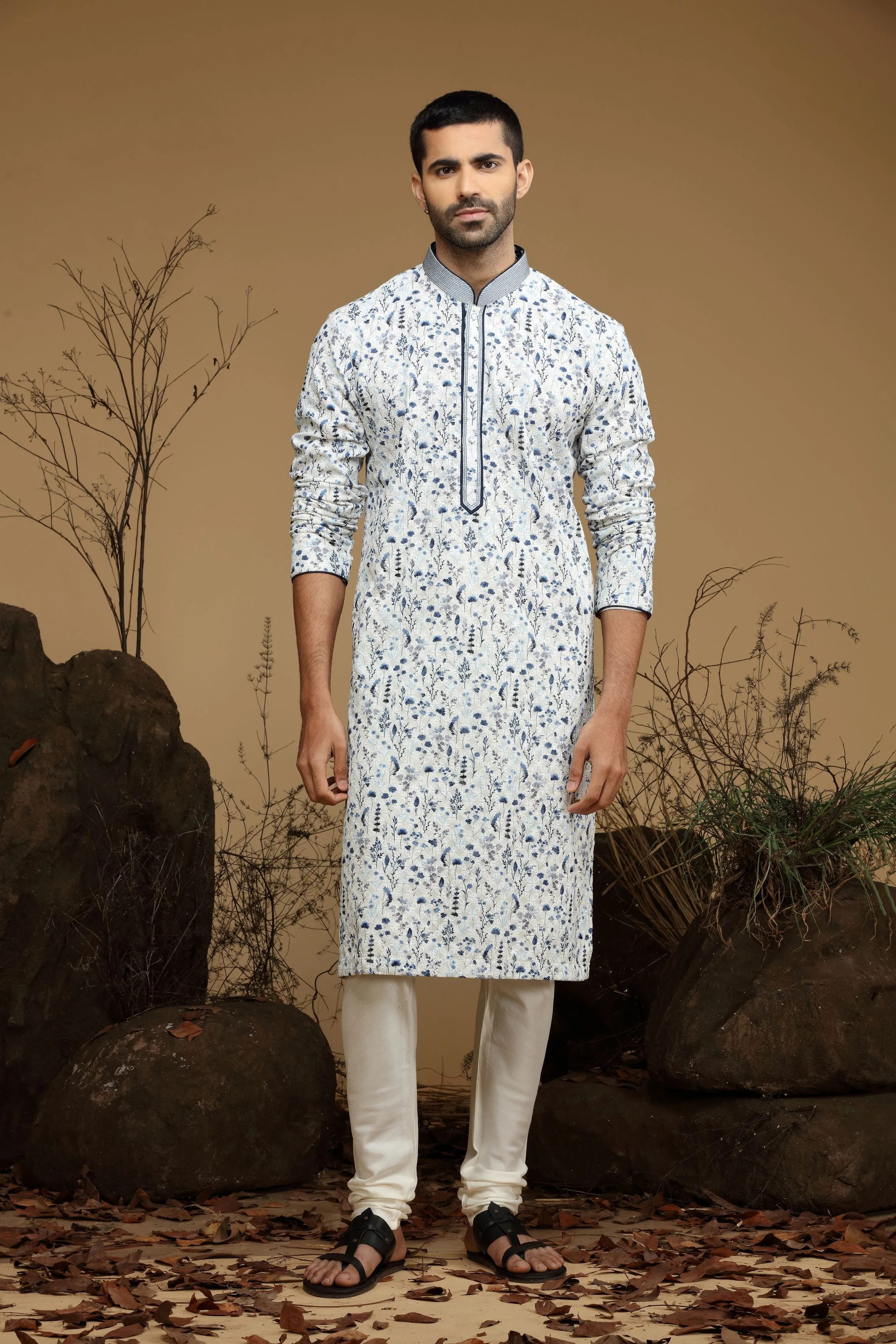 White Blue Floral Printed Cotton Kurta Set  Designed by Kora (Nilesh Mitesh)