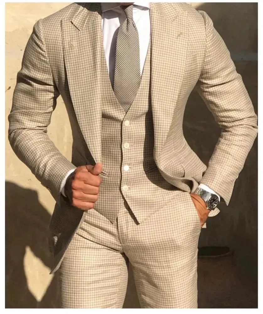 Wiaofellas - Latest Design Plaid Checkered Men's 3 Piece Set Wedding Party Fashion Gentleman Suits Summer Blazers(Jacket Pants Vest)