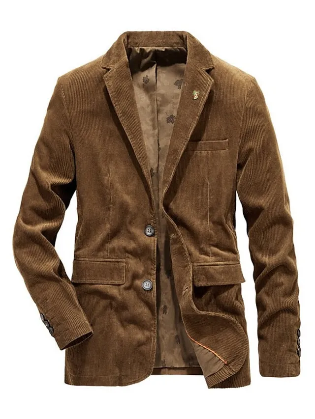 Wiaofellas Men's Corduroy Jacket Blazer Business Cocktail Attire Breathable Pocket Fall Solid Color Business Elegant Turndown Regular Blue Khaki Coffee Jacket