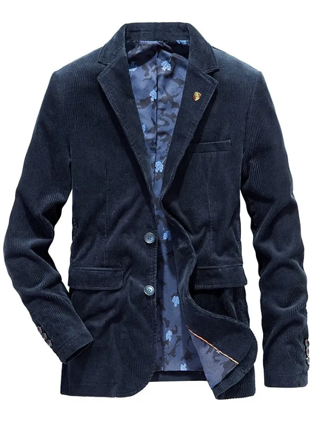 Wiaofellas Men's Corduroy Jacket Blazer Business Cocktail Attire Breathable Pocket Fall Solid Color Business Elegant Turndown Regular Blue Khaki Coffee Jacket