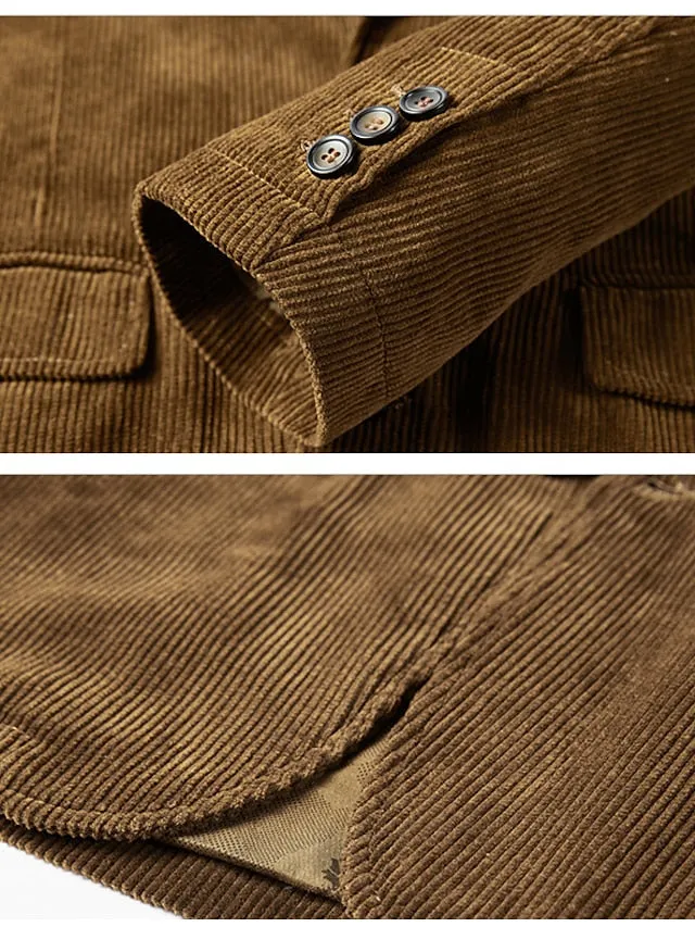 Wiaofellas Men's Corduroy Jacket Blazer Business Cocktail Attire Breathable Pocket Fall Solid Color Business Elegant Turndown Regular Blue Khaki Coffee Jacket
