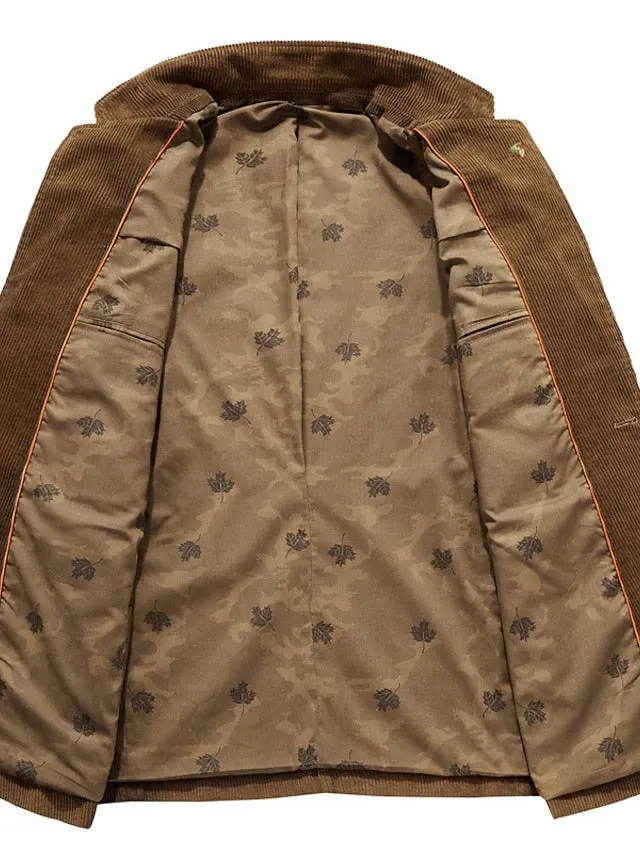 Wiaofellas Men's Corduroy Jacket Blazer Business Cocktail Attire Breathable Pocket Fall Solid Color Business Elegant Turndown Regular Blue Khaki Coffee Jacket