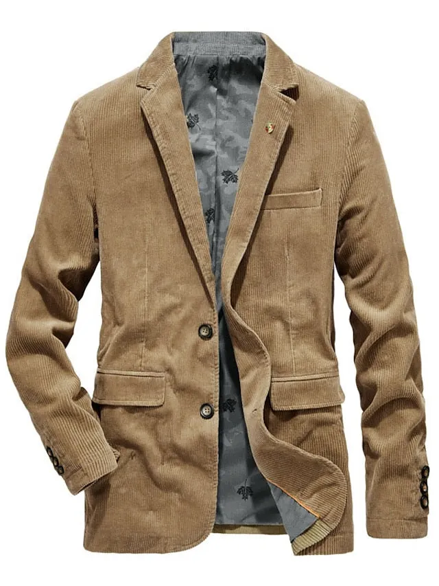 Wiaofellas Men's Corduroy Jacket Blazer Business Cocktail Attire Breathable Pocket Fall Solid Color Business Elegant Turndown Regular Blue Khaki Coffee Jacket