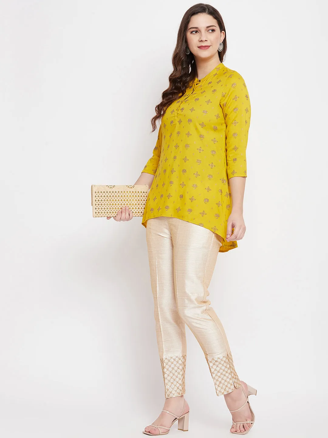 Women Light Fawn Hem Design Silk Trouser