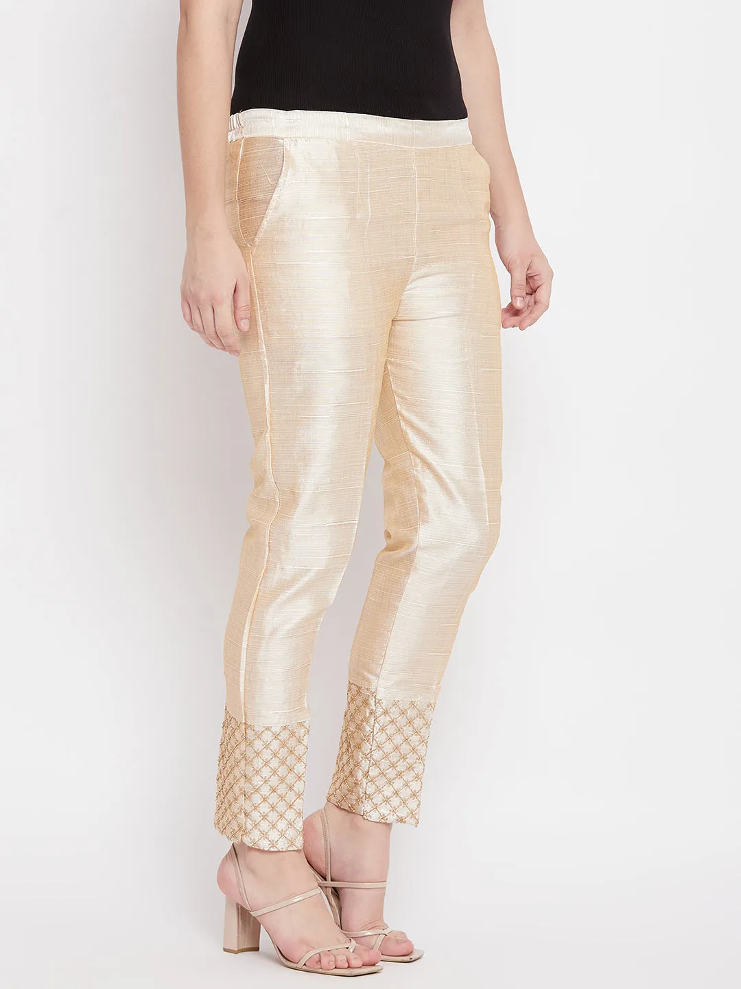 Women Light Fawn Hem Design Silk Trouser