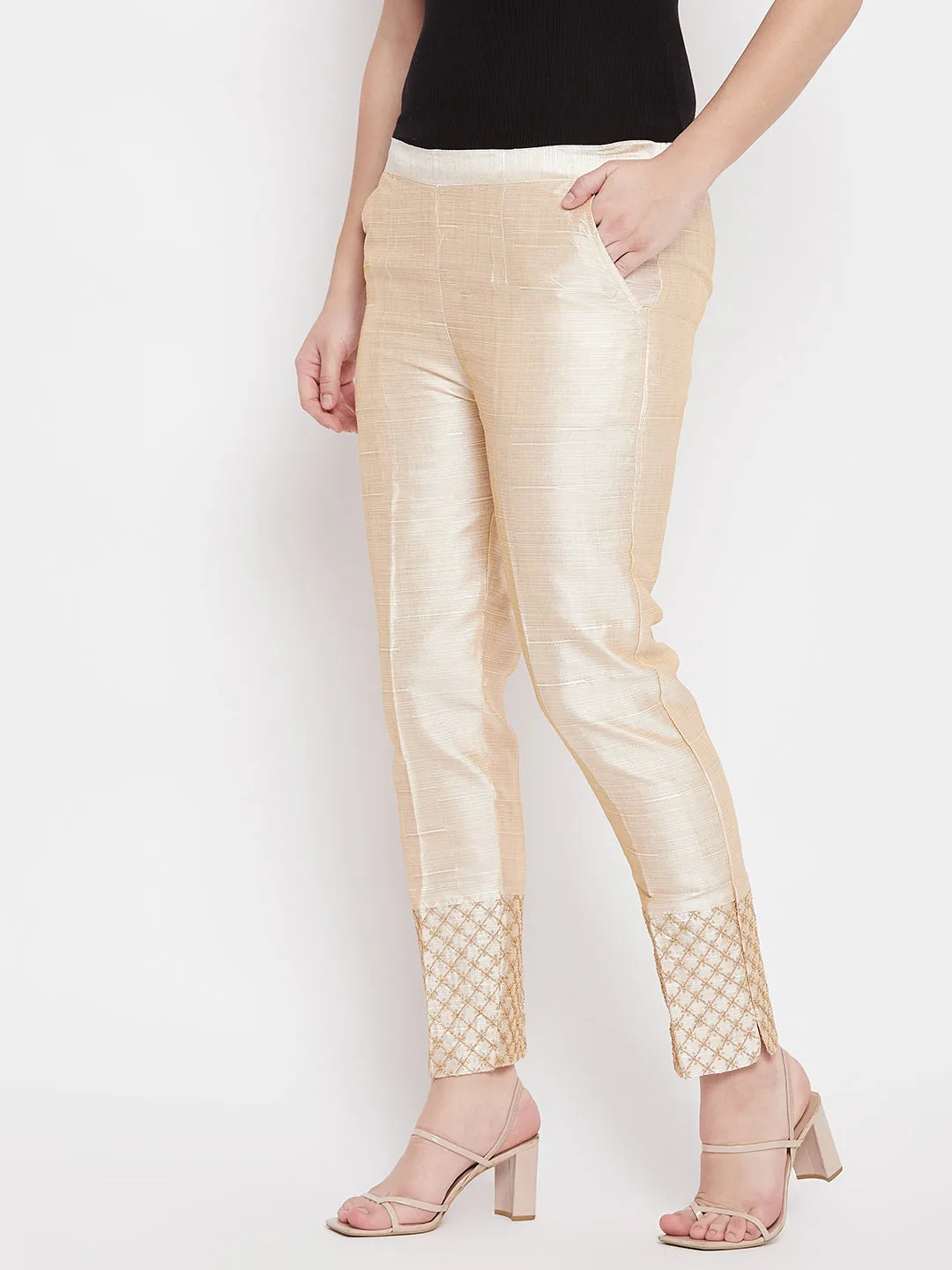 Women Light Fawn Hem Design Silk Trouser