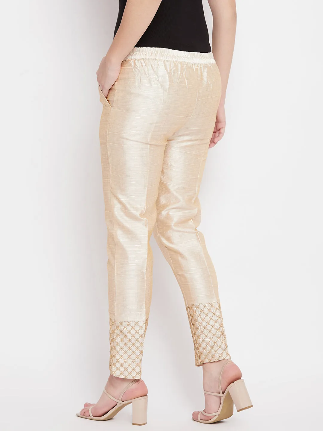 Women Light Fawn Hem Design Silk Trouser