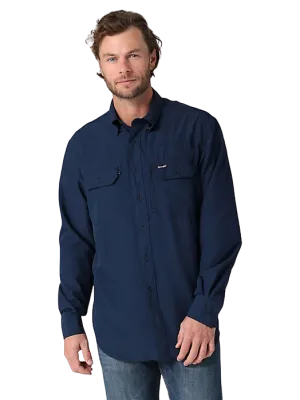 Wrangler Mens Performance Button Front Long Sleeve Solid Blue Shirt
