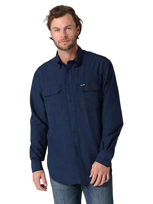 Wrangler Mens Performance Button Front Long Sleeve Solid Blue Shirt