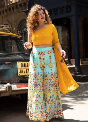 Yellow Color Thread Work Georgette Fabric Palazzo With Stylish Crop