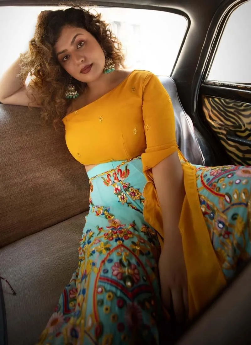 Yellow Color Thread Work Georgette Fabric Palazzo With Stylish Crop